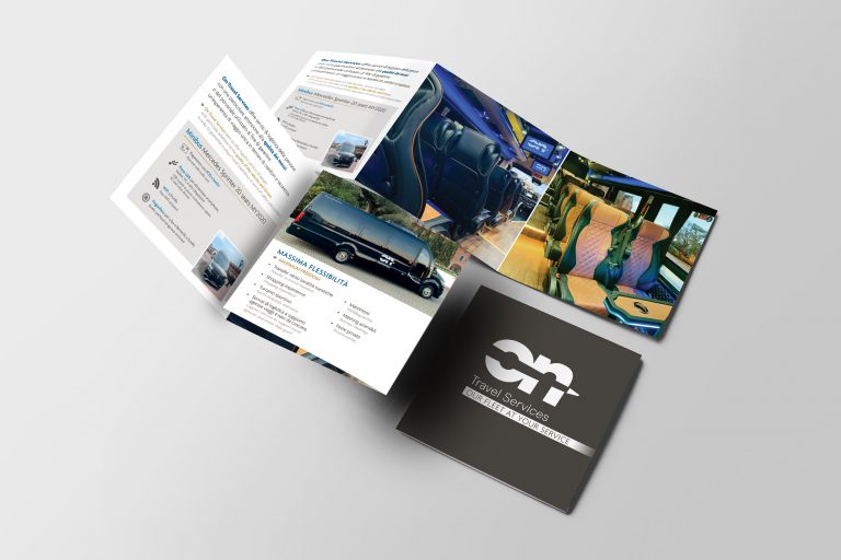 Brochure quadrata di 18x18 cm per On-travel service azienda di trasporti privata